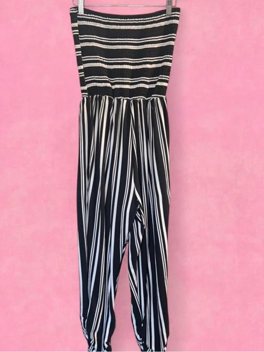 Black & Ivory Strapless Smocked Stripe Jumpsuit